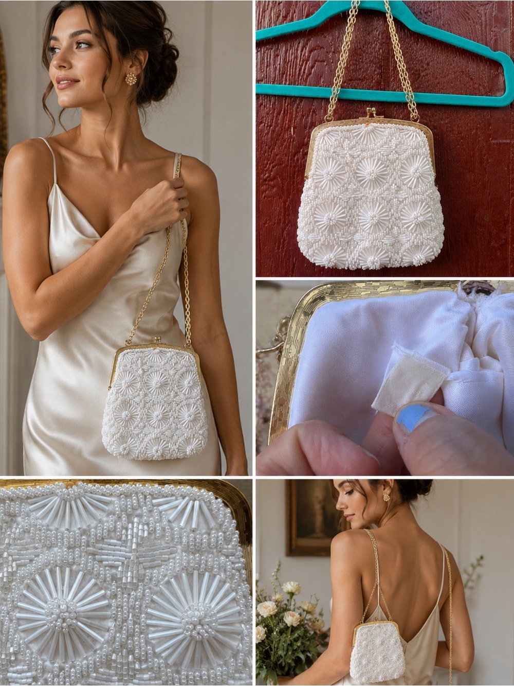Vintage Beaded Evening Bag Gold Chain Strap Hong Kong Bridal Cocktail Purse